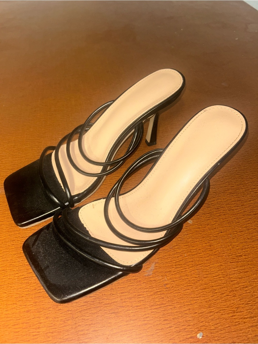Women's Black Strappy Square-Toe Heeled Heels